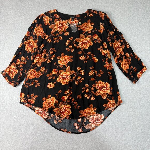 Torrid Womens Black Floral Crepe Chainlink 3/4 Sleeve Blouse Size 1X 14-16 - Picture 1 of 5